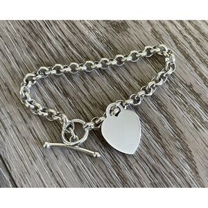 Signed OTC Italy 925 Sterling Silver Rolo Link Heart Charm Toggle Bracelet 8”